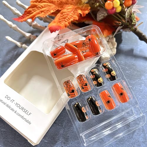 Halloween Press On Nails 24Pcs Medium Square Bat Spider Web Design - Halloween Nails 2