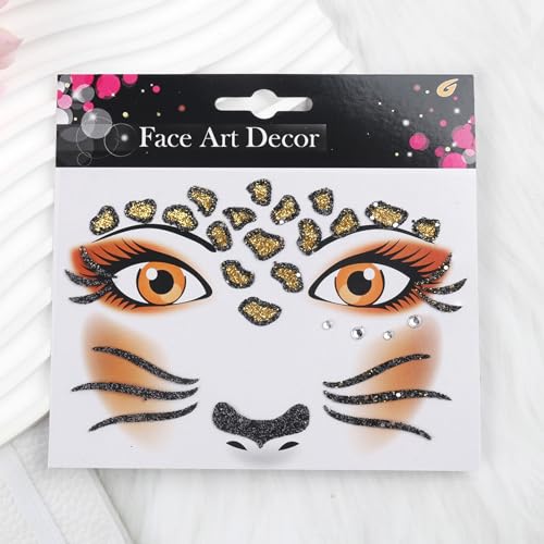 Leopard Face Stickers Halloween Face Tattoo with Rhinestones - Variation 01