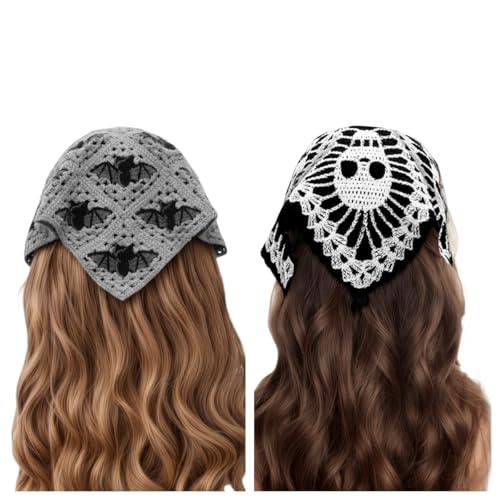 Women's Gothic Crochet Bandana Headband - Bat Spider Web Halloween Accessory - Black Spider Web, One Size