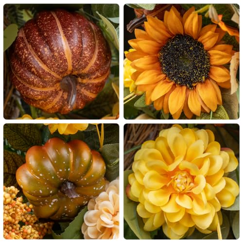 24 Inch Fall Sunflower Wreath - Autumn Door Decor with Pumpkins & Leaves