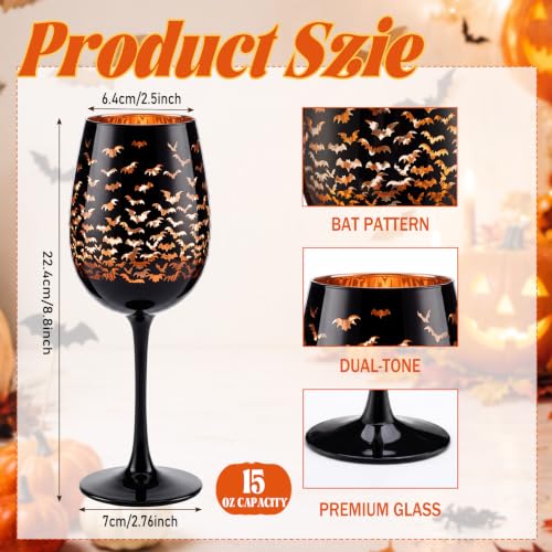 Halloween Bat Wine Glasses Set - Black & Orange Stemmed Goblets, 15oz, 2 Pcs