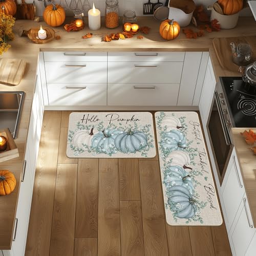 Hello Pumpkin Fall Kitchen Mats Set of 2 - 17x29 & 17x47 Inches, Blue