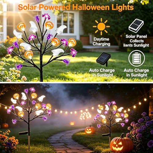 Solar Halloween Pathway Lights 2-Pack Ghosts Bats Spiders Pumpkins Outdoor Decor with 8 Modes