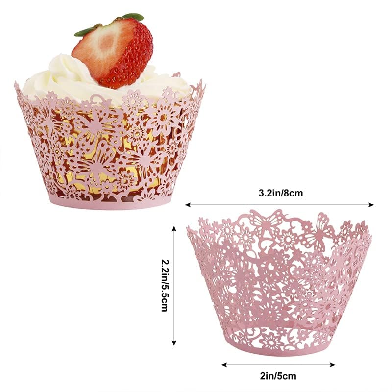 Pink Cupcake Wrappers 50Pcs Lace Laser Cut Cake Paper Wraps for Wedding Party