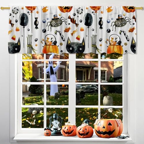 Violet Halloween Window Valance 54x18 Inches Horror Theme Pumpkin Bat Spider Skeleton Polyester Semi Sheer Drapery