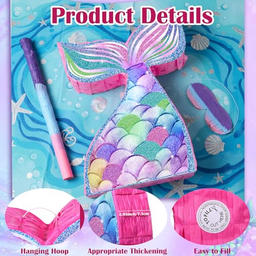 Mermaid Piñata Set with Blindfold and Stick - Under the Sea Birthday Party Decoration - Mermaid Tail Design - 16.14 x 12.20 Inches - Variation: Mermaid