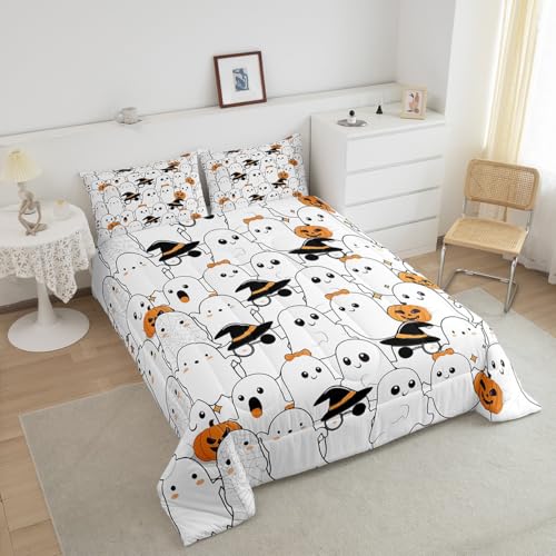 Halloween Cartoon Ghost Comforter Set Twin Black Orange White with Pumpkin Lantern & Witch Hat Variation of THIS listing