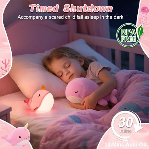 Pink Narwhal Night Light for Kids, Silicone Bedside Lamp with Dimmable & 30-Min Timer
