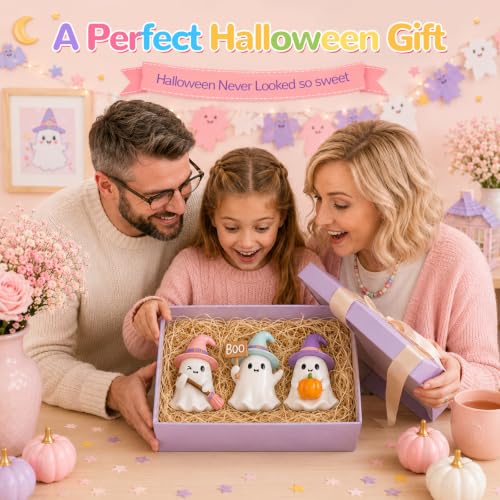 Pink Halloween Ghost Figurines Set of 3 with Pumpkins - Fall Decor