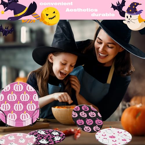 Pink Halloween Diamond Art Coaster Kit with Holder - DIY 8 Pcs for Adults