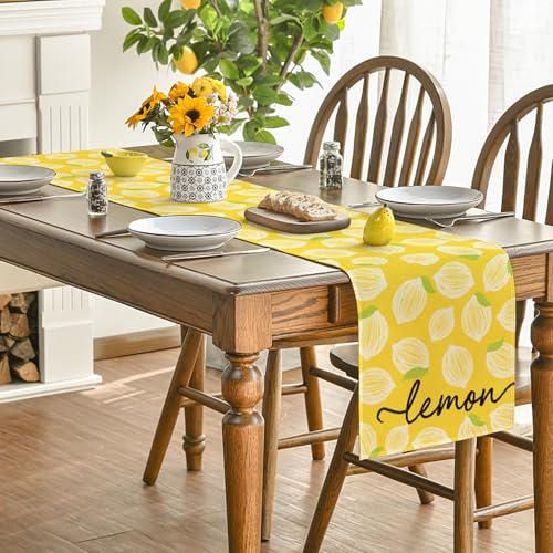 Yellow Leaves Lemon Summer Table Runner 13x36 Inch - Seasonal Kitchen Dining Decor