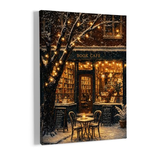 Winter Bookstore Wall Art Canvas Framed Painting 11x14 - Holiday Decor