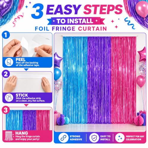 Blue Purple Pink Metallic Foil Fringe Curtains Set - Tinsel Backdrop for Parties