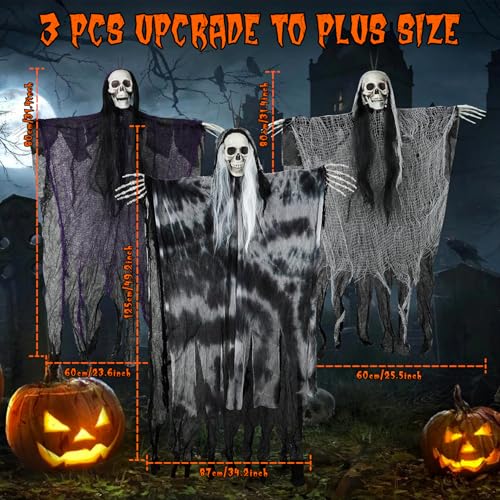 Large Hanging Halloween Skeleton Ghost Decorations Set – 3 Pack Outdoor Yard Decor