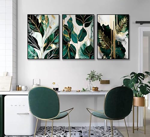 Green and Gold Abstract Wall Art Set - 16x24 Inch Emerald Canvas Prints for Living Room & Bedroom - Unframed