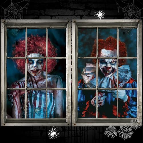 Halloween Clown Window Cover Set - Scary Horror Silhouette Decorations, Clown Style