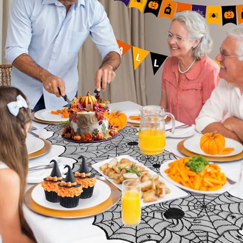 Halloween Table Runner Black Lace Spider Web 18x73 Inch Gothic Decor