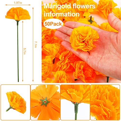 50PCS Artificial Marigold Flower Heads with Stems - Orange for Diwali Wedding Party Decor
