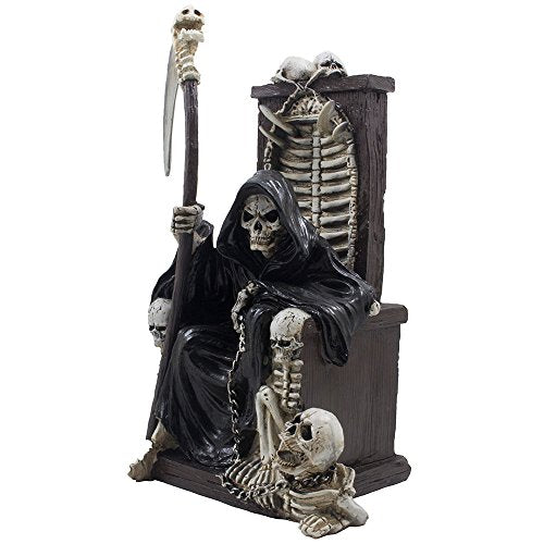 Spooky Grim Reaper Sitting on Bone Throne Halloween Decor Statue, Gothic Horror Gift