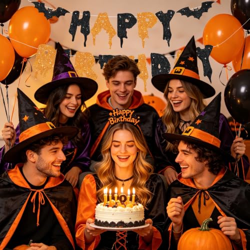 Halloween Banner Decorations - Glitter Happy Birthday Banner with Dripping Blood & Bat Design - Black & Orange - No DIY