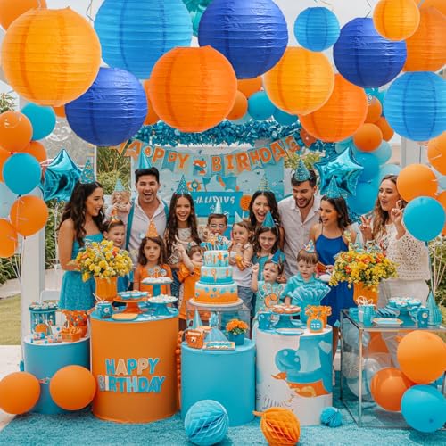Blue Orange Paper Lanterns Set - 12 pcs Round Chinese Lanterns 4-12 Inch Variation