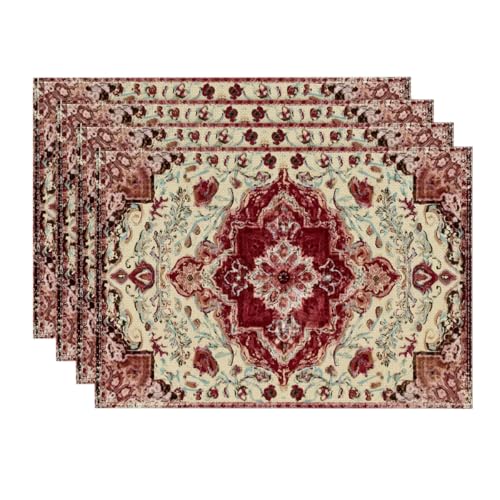 12x18 Inch Red Beige Boho Placemats Set of 4 - Rustic Farmhouse Table Decor