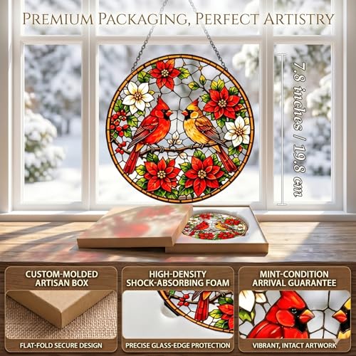 Red Birds Stained Glass Window Hanging Ornament - Suncatcher for Doors & Home Decor - Variation 7.8in
