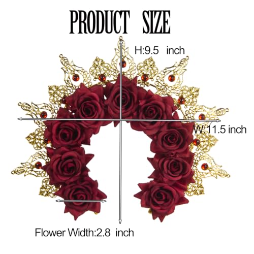 Red Halloween Flower Crown Headpiece for Catrina Costume Gothic Decor
