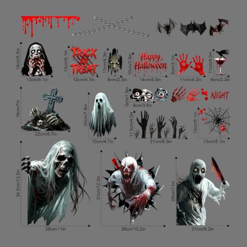 Halloween Window Clings - Scary Bloody Zombie Handprints & Bat Decals - Ghost Variation