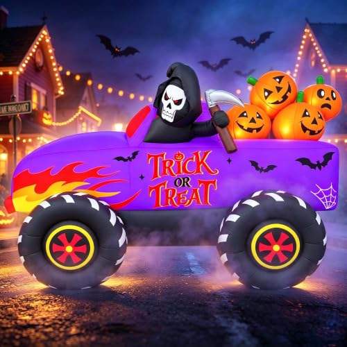 9 Ft Halloween Inflatable Monster Truck with LED Lights, Reaper & Pumpkins Yard Decor