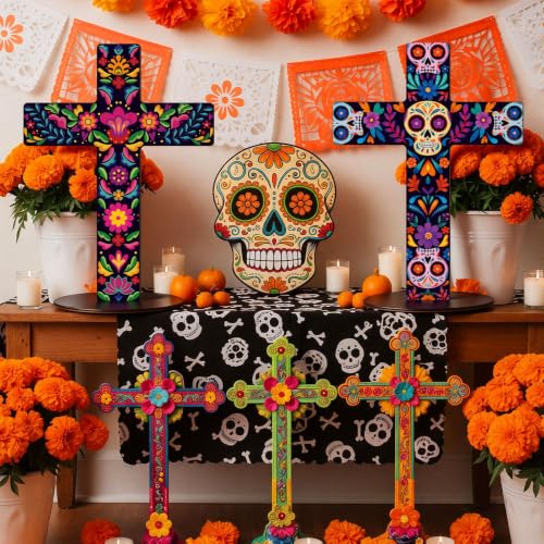 Pinkunn 2-Piece Mexican Cross Wood Table Decor - Floral Skeleton Variation