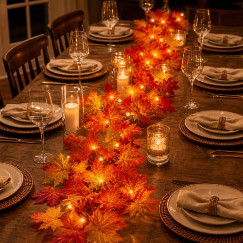 9FT Plug-in Fall Garland with 50 Orange Incandescent Lights - Connectable Indoor Outdoor Decor - 1 Pack