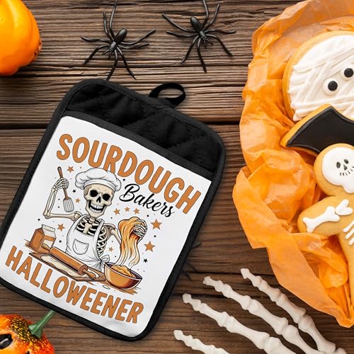 Halloween Skeleton Pot Holders with Pockets - Heat Resistant Oven Mitts for Baking & Cooking