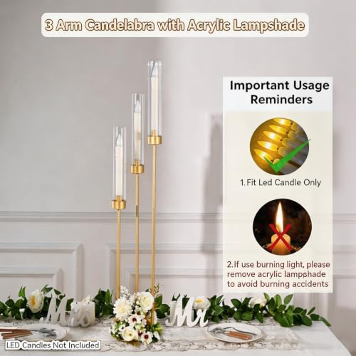 Gold 34in 2-Pack 3-Arm Wedding Centerpieces with LED Candles - Vincidern
