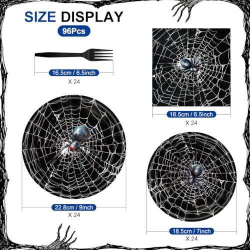 Halloween Spider Web Disposable Tableware Set - 96 Pieces with Napkins & Black Forks - Spider Web Variation