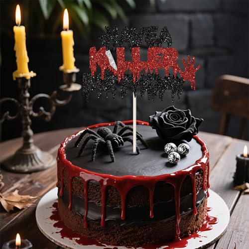 Halloween Cake Topper - Black and Red Glitter Horror Birthday Decorations