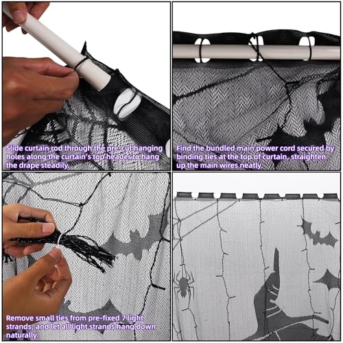 Lighted Halloween Curtain with Purple LEDs & Black Lace Witch Pattern - 40x84 Inch Decor