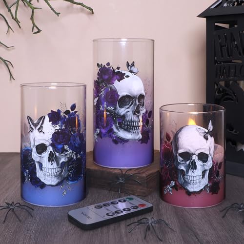 Gothic Skull Rose Flameless Candles Set with Remote Control - Halloween Decor