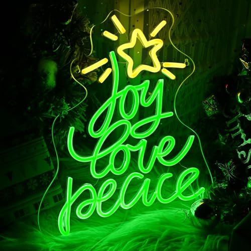 Christmas Tree Neon Sign - Joy Love Peace with Green Yellow Variations - USB LED Wall Decor