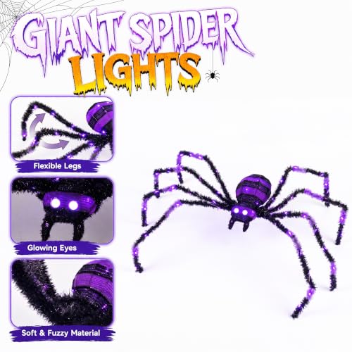 Giant Lighted Halloween Spider Set - 4.1 Ft Creepy Yard Decorations with 8 Lighting Modes