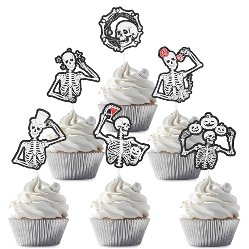 Black Skull Cupcake Toppers - 18 Pieces Gothic Skeleton Picks for Halloween & Wedding Decor - Variation: Black Skull