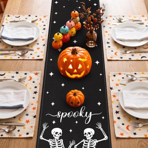Halloween Table Runner Spooky Skeleton Decor 13x72 Inch - Black Halloween Table Decor