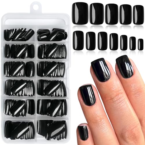 Black Short Square Press-On Nails Kit - 240 Pc Fake Nails with Glue & Tools
