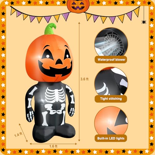 4FT Inflatable Skeleton with Pumpkin Head Halloween Decor Lighted Indoor Outdoor