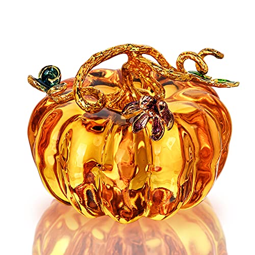 Hand Blown Crystal Pumpkin Figurine for Fall Harvest Decor - Brown Striped, 7.1cm