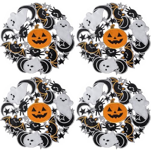 Round Halloween Spooky Placemats Set of 4 - Embroidered Pumpkins & Bats, 14 Inch, Black Gothic Table Decor