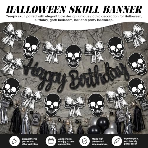 Gothic Birthday Banner Black Skull and Bow Spooky Party Decor