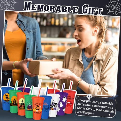 Halloween Plastic Cups with Lids & Straws - 24 Oz, Stylish Design, 24 Pack
