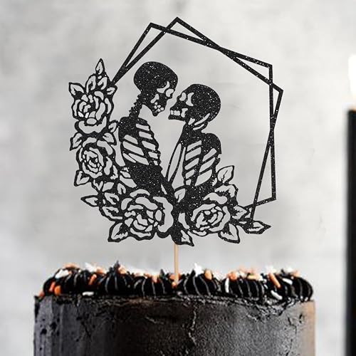 Halloween Skull Wedding Cake Topper with Floral Frame - Gothic Celebration Decoration