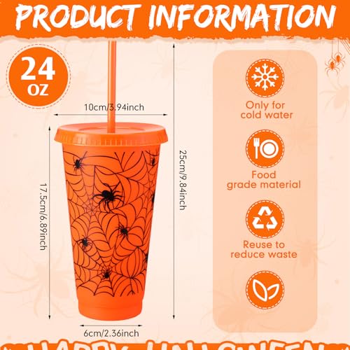 Halloween Plastic Cups with Lids & Straws - Orange Spiderweb Pattern, 24 oz, Bulk Pack